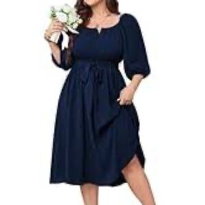 SCOMCHIC Women’s Navy Blue A-Line  3/4 Lantern Sleeve Midi Dress Plus Size 1X